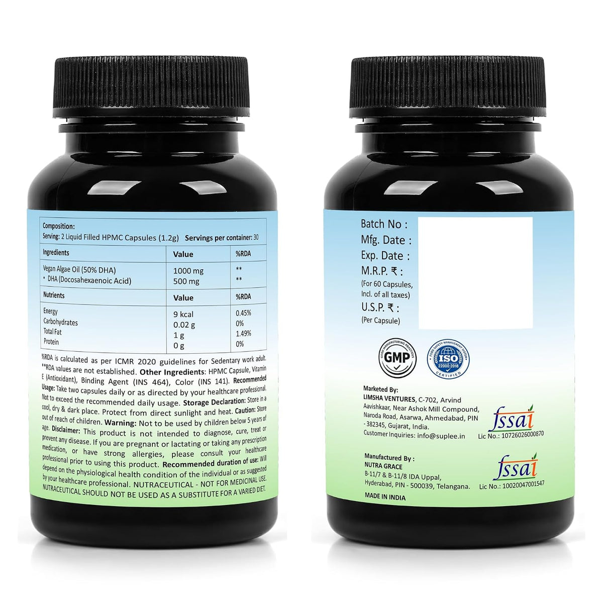 Suplee Plant Based Omega 3 Algae Oil 1000mg with 500mg DHA | 120 Capsules