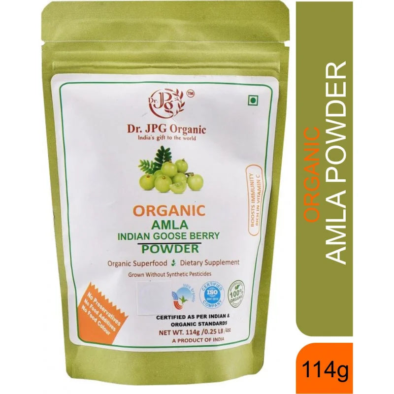 DR. JPG Organic Amla Powder (228g) – 114g (Pack of 2) | For Immunity, Hair Growth & Radiant Skin | 100% Certified Organic