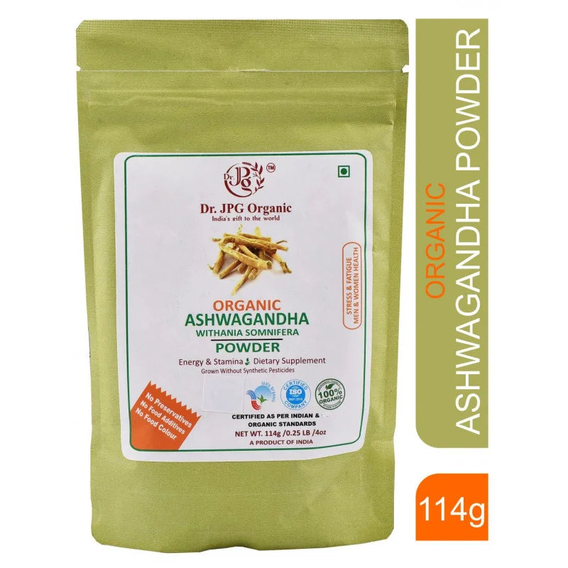 DR. JPG Organic Ashwagandha Root Powder (228g) – 114g (Pack of 2) | For Stress Relief, Energy & Muscle Recovery | 100% Certified Organic