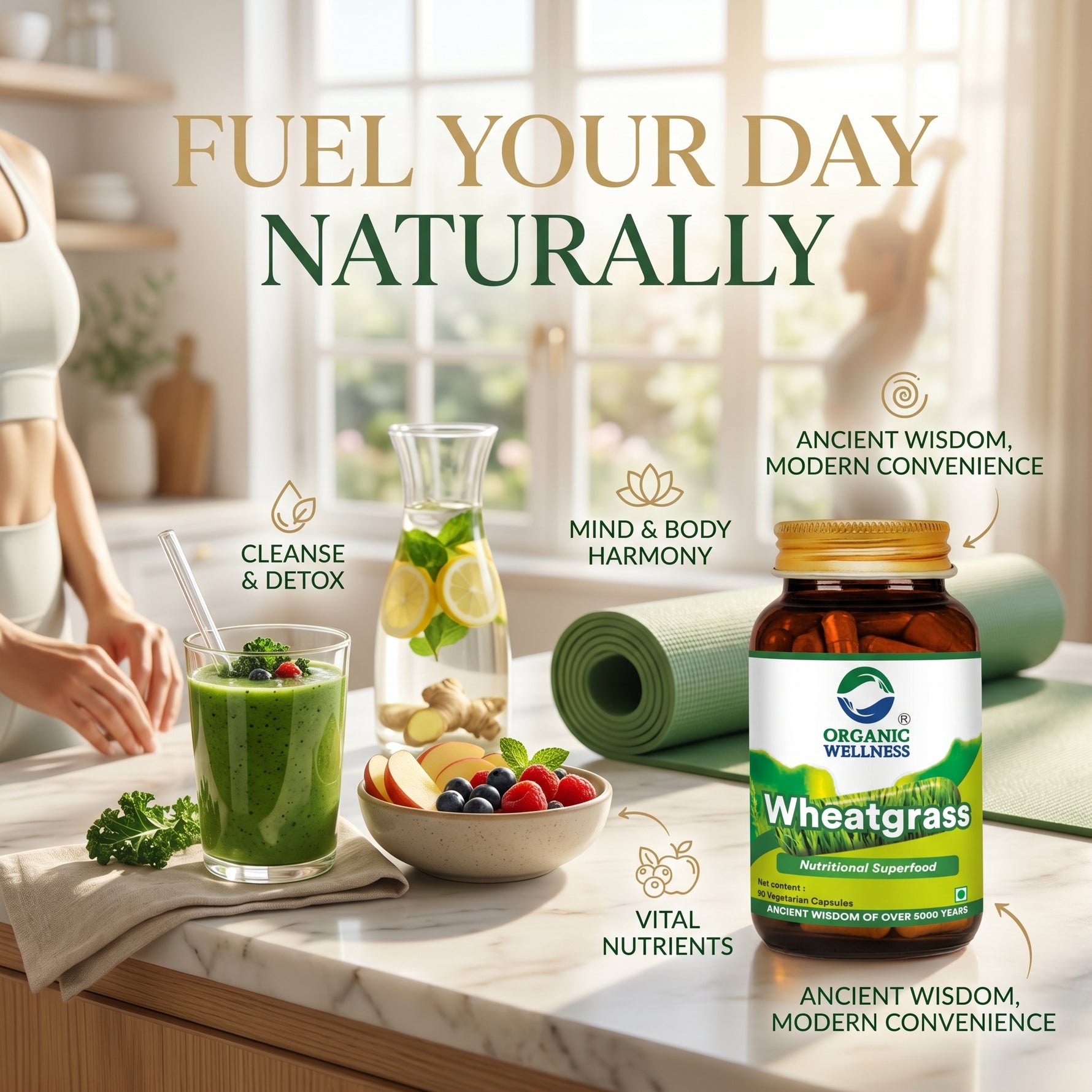 Organic Wellness Wheat Grass Capsules -  90 Capsules Bottle