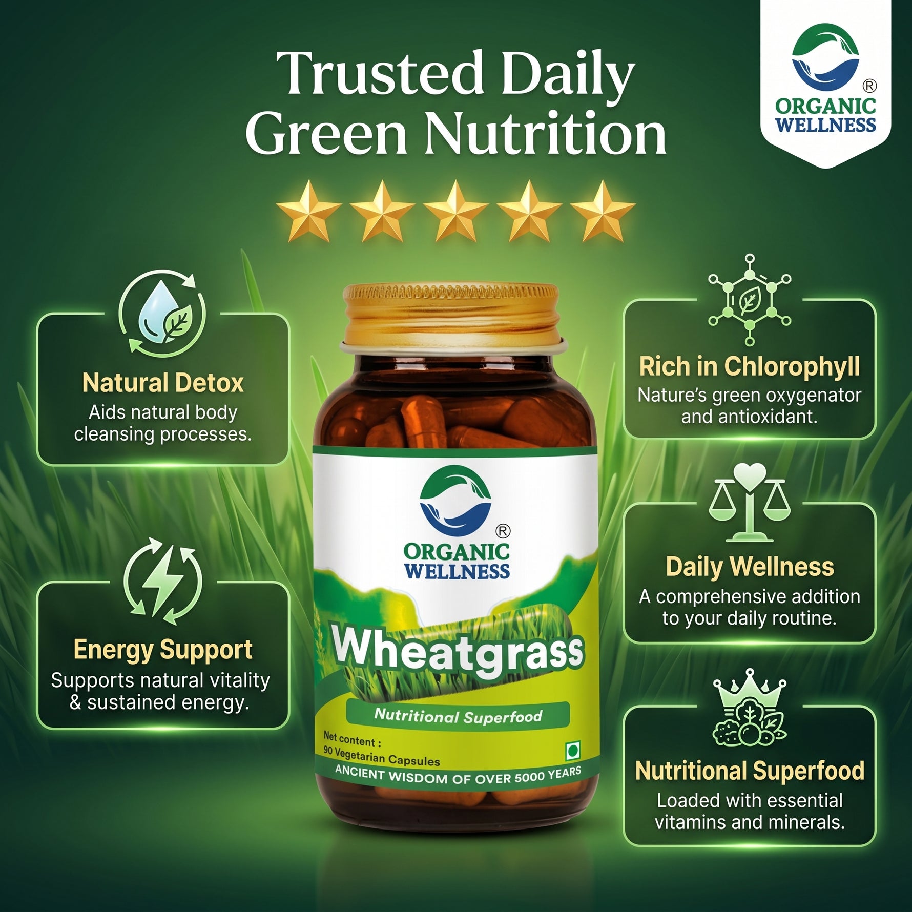 Organic Wellness Wheat Grass Capsules -  90 Capsules Bottle