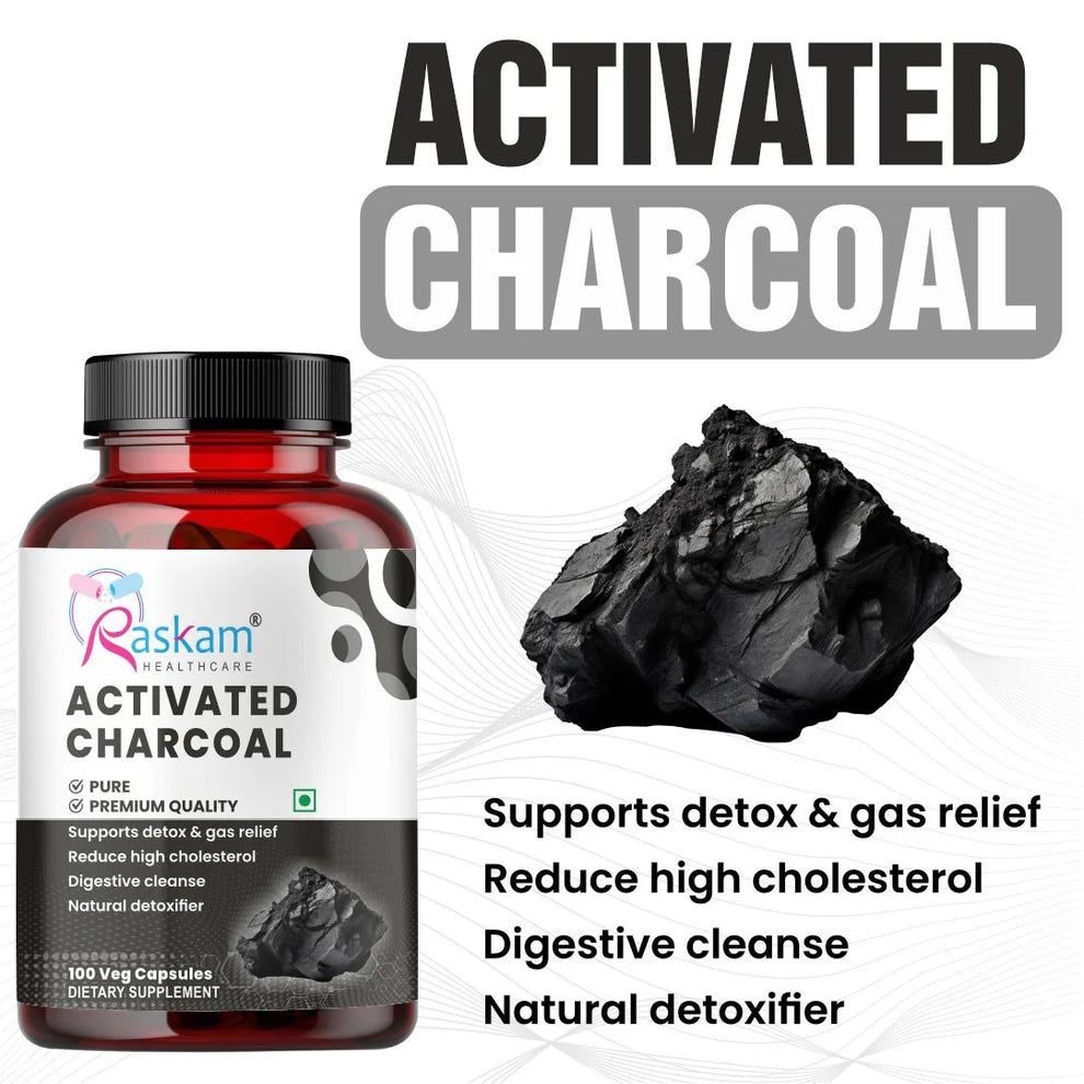 Raskam Activated Charcoal Capsules with Apple Cider Vinegar | Helps in Digestion, Bloating, Liver & Kidney Detox | 100 Veg Capsules