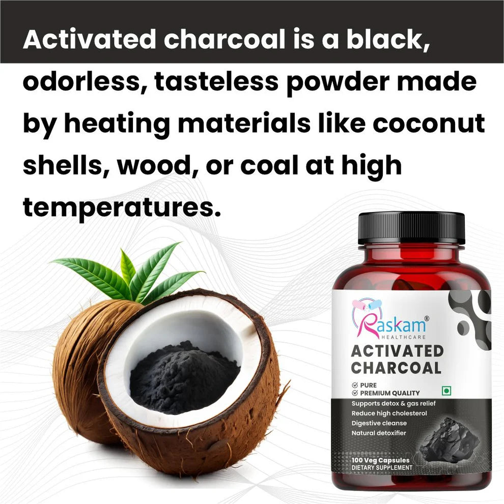 Raskam Activated Charcoal Capsules with Apple Cider Vinegar | Helps in Digestion, Bloating, Liver & Kidney Detox | 100 Veg Capsules