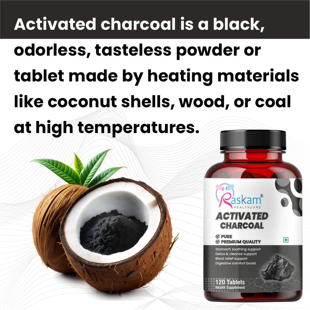Raskam Activated Charcoal Tablets 600mg – natural detox & digestive cleanser | supports bloating relief & gas | 120 vegan tablets