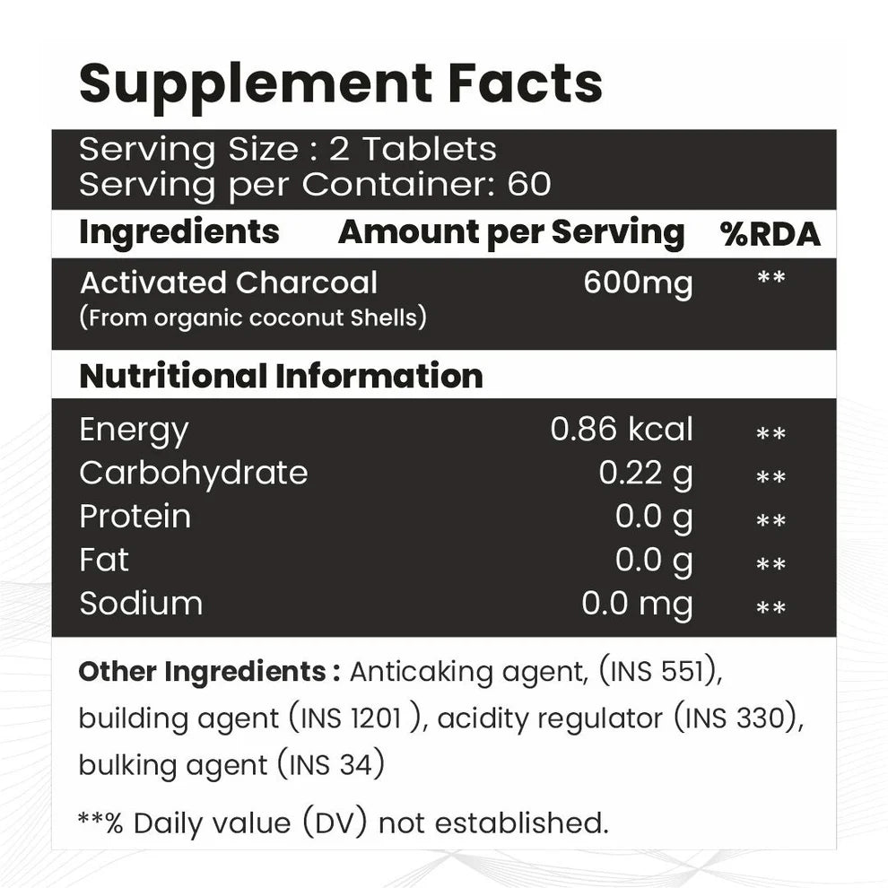 Raskam Activated Charcoal Tablets 600mg – natural detox & digestive cleanser | supports bloating relief & gas | 120 vegan tablets