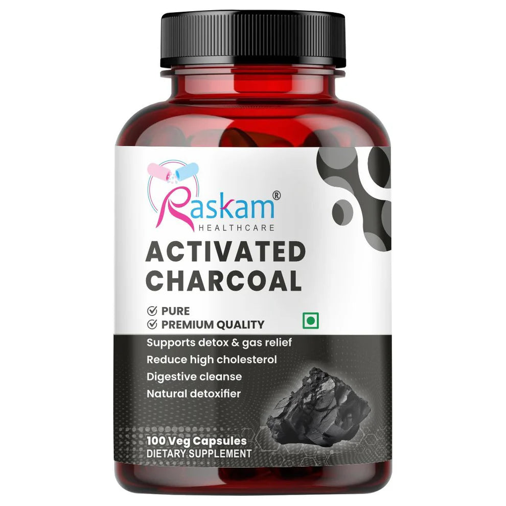 Raskam Activated Charcoal Capsules with Apple Cider Vinegar | Helps in Digestion, Bloating, Liver & Kidney Detox | 100 Veg Capsules