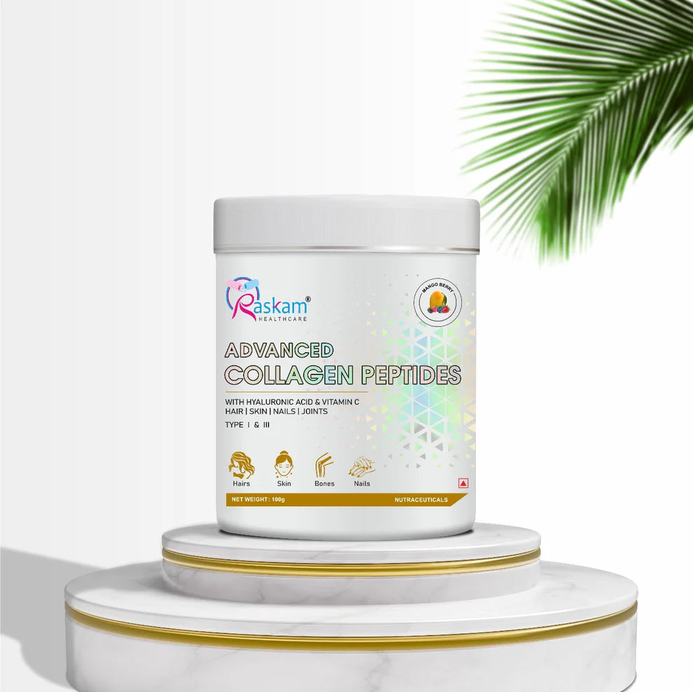 Raskam Advanced Collagen Peptides Powder for Men & Women | Collagen Powder with Biotin, Vitamins C & E for Hair, Nails, Skin Radiance & Anti-Aging Flav- Mango Berry (100gm)
