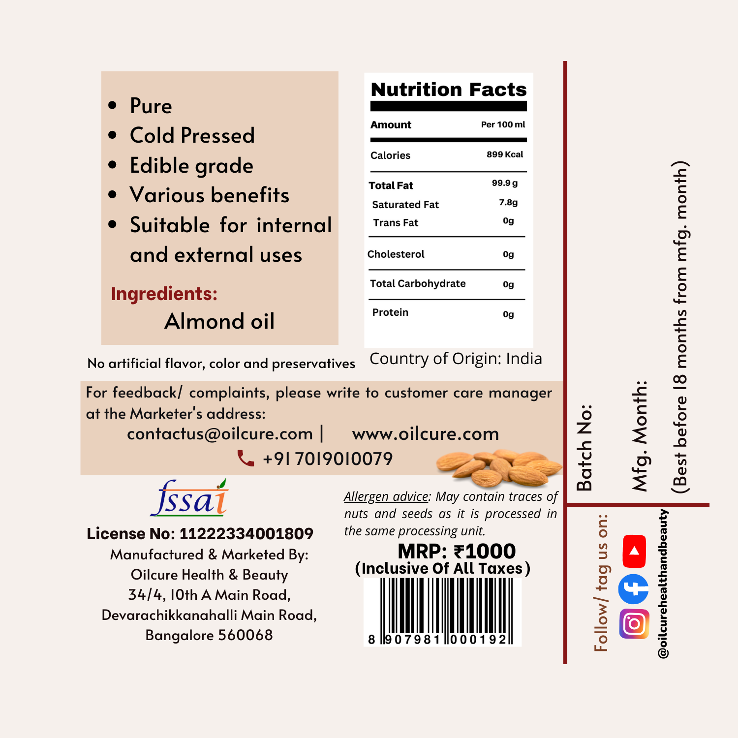 Oilcure Almond Cold Pressed Edible Oil-100 ml