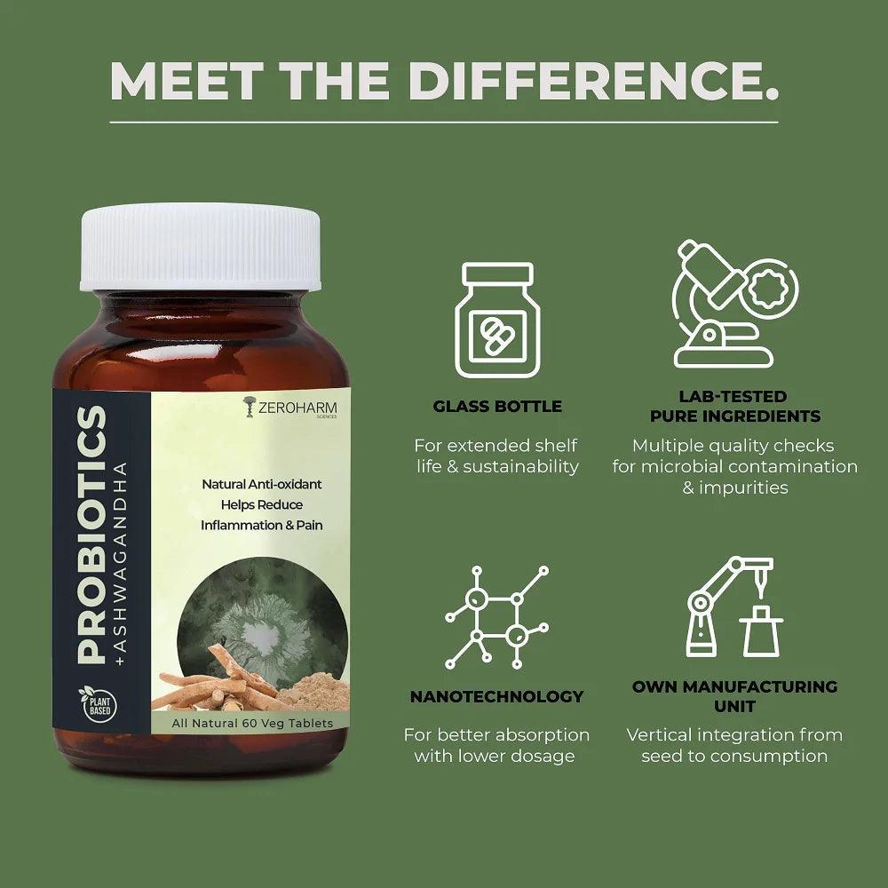 ZEROHARM Ashwagandha + Probiotics for Stress, Anxiety Relief, Nutrient Absorption and Digestive Health for Men & Women - 60 Capsules