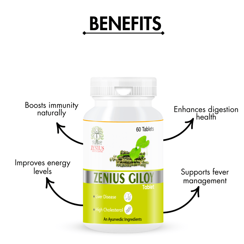 Zenius Giloy Tablets - Herbal Immune Booster for Detoxification, Fever Relief, and Overall Health - 60 Tablets