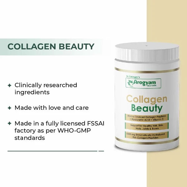 Dr. Satnam’s Arogyam Collagen Beauty (150g) | Hydrolyzed Marine Collagen Peptides + Hyaluronic Acid & Vitamin C for Skin, Hair, Nails & Joints
