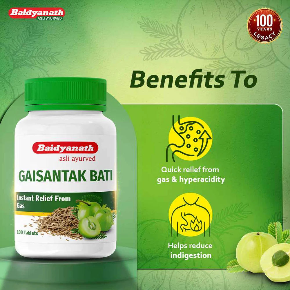 Baidyanath Gaisantak Bati Tablet | Ayurvedic Relief from Gas, Acidity, Indigestion & Bloating - 100 Tab