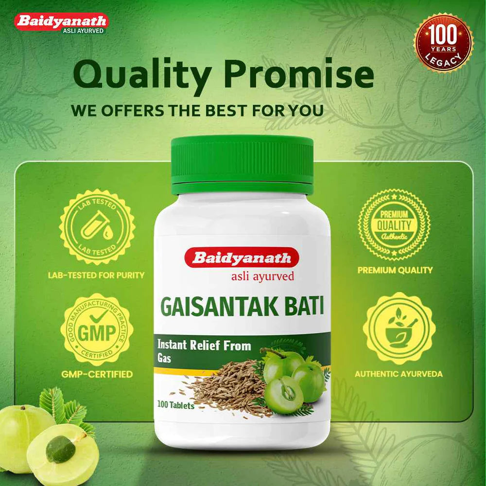 Baidyanath Gaisantak Bati Tablet | Ayurvedic Relief from Gas, Acidity, Indigestion & Bloating - 100 Tab