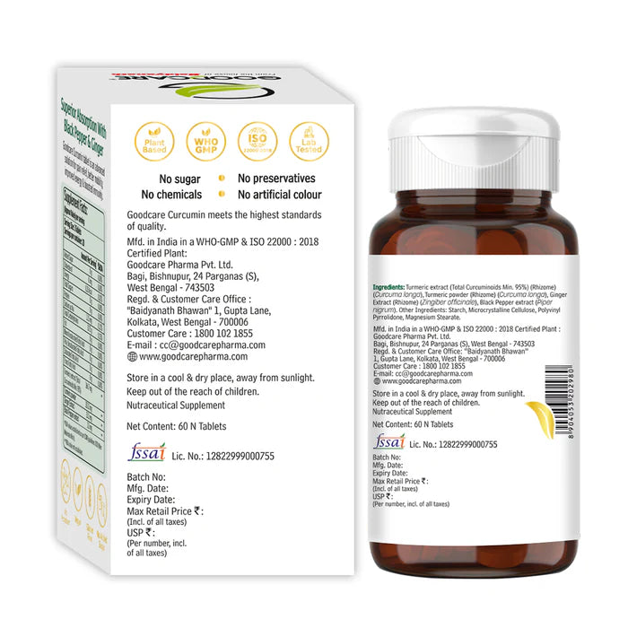 Goodcare Curcumin 1500mg + Tablet 60 Count | 95% Curcuminoids with Black Pepper & Ginger | Joint Comfort, Mobility & Immunity Support