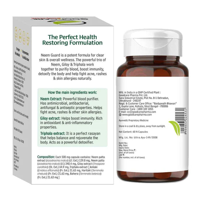 Goodcare Neem Guard Body Capsule | For Acne, Skin Health & Immunity Boost - 60 Capsules