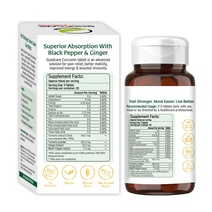 Goodcare Curcumin 1500mg + Tablet 60 Count | 95% Curcuminoids with Black Pepper & Ginger | Joint Comfort, Mobility & Immunity Support