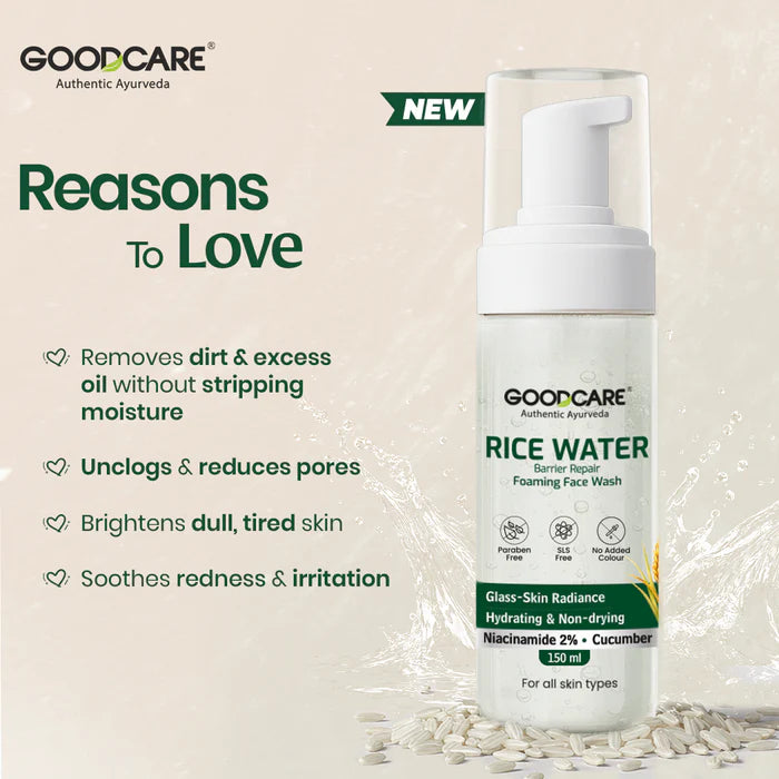 Goodcare Rice Water Foaming Face Wash 150 ml | With Niacinamide 2% & Cucumber | Gentle Barrier Repair Cleanser | SLS & Paraben Free