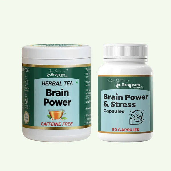 Arogyam Brain Power & Stress Capsules + Herbal Tea – Caffeine-Free Mental Wellness & Relaxation Support – 60 Capsules + Herbal Tea
