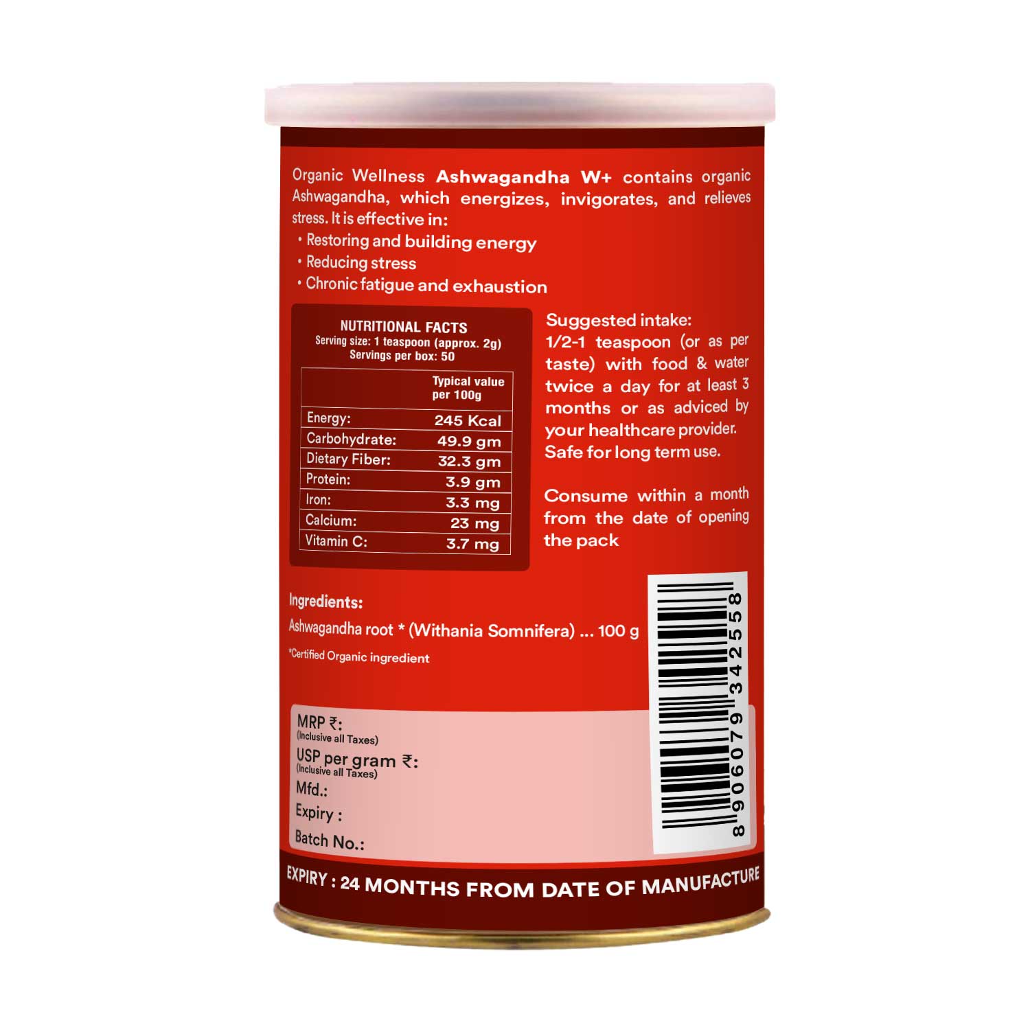 Organic Wellness Ashwagandha W+ Powder - 100 gm