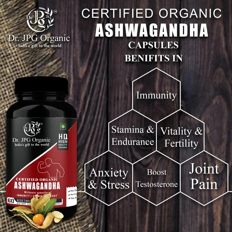 DR. JPG Organic Ashwagandha Capsules (500mg, 60 Veg Capsules) | For Vitality, Stress Relief & Sleep Support | 100% Certified Organic