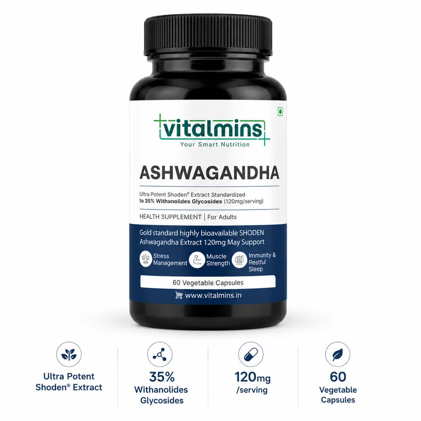 Vitalmins Ashwagandha Shoden Capsules | High-Potency Stress Relief, Anxiety Support, Sleep & Daily Vitality - 60 Capsules