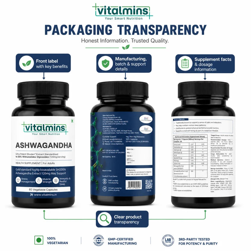 Vitalmins Ashwagandha Shoden Capsules | High-Potency Stress Relief, Anxiety Support, Sleep & Daily Vitality - 60 Capsules