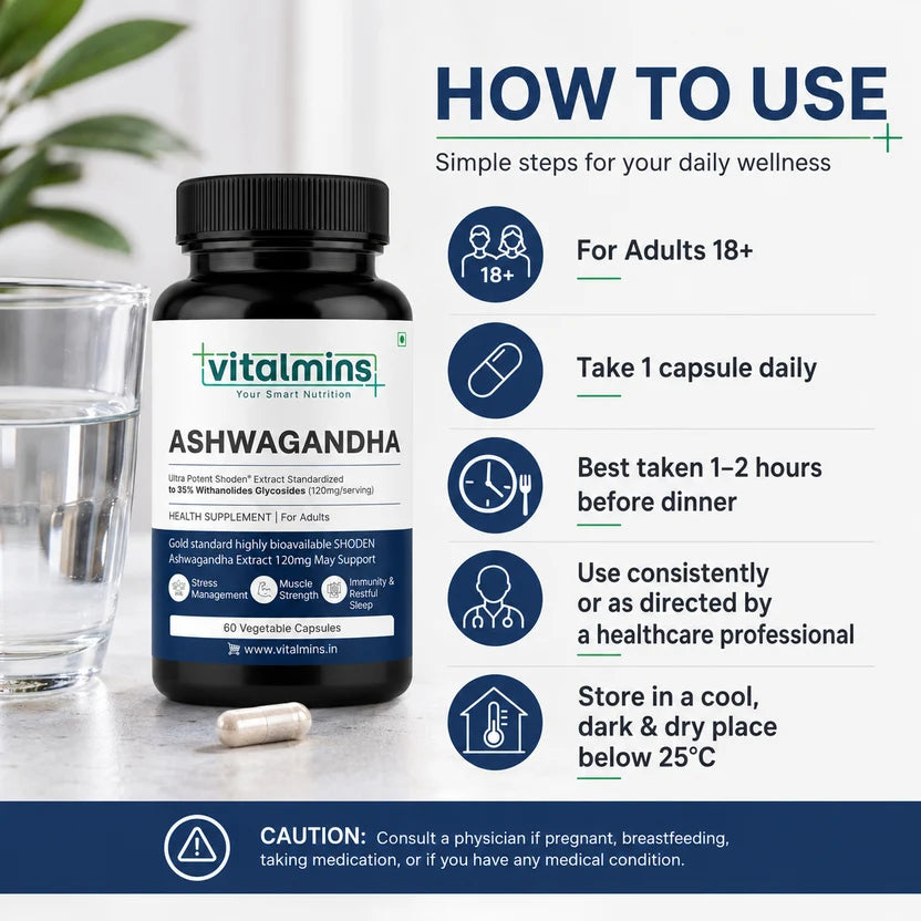 Vitalmins Ashwagandha Shoden Capsules | High-Potency Stress Relief, Anxiety Support, Sleep & Daily Vitality - 60 Capsules