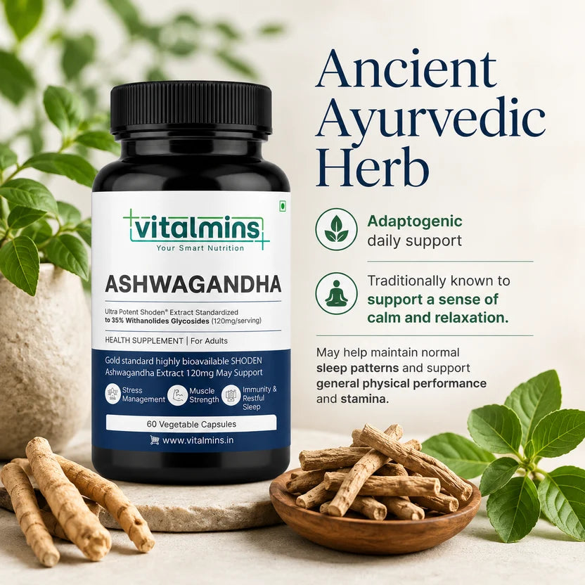 Vitalmins Ashwagandha Shoden Capsules | High-Potency Stress Relief, Anxiety Support, Sleep & Daily Vitality - 60 Capsules