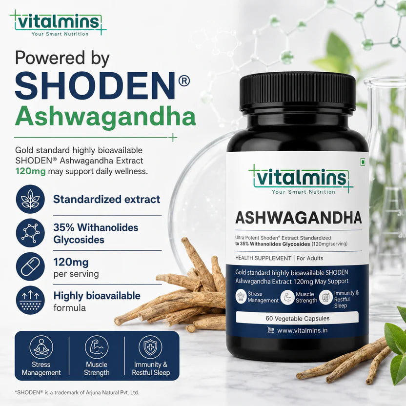 Vitalmins Ashwagandha Shoden Capsules | High-Potency Stress Relief, Anxiety Support, Sleep & Daily Vitality - 60 Capsules
