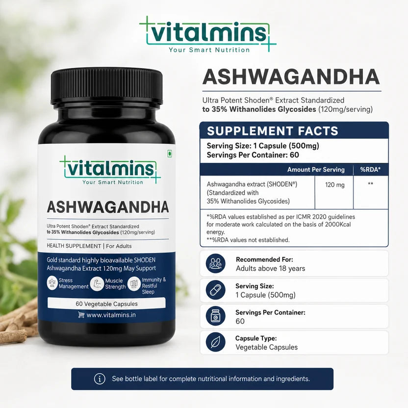 Vitalmins Ashwagandha Shoden Capsules | High-Potency Stress Relief, Anxiety Support, Sleep & Daily Vitality - 60 Capsules