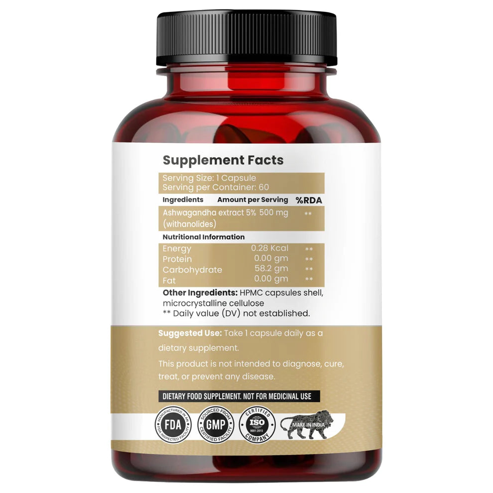 Raskam Ashwagandha Capsules - 60 Veg Capsules Boost Energy, Strength, Stamina | Helps Anxiety & Stress Relief For Men & Women