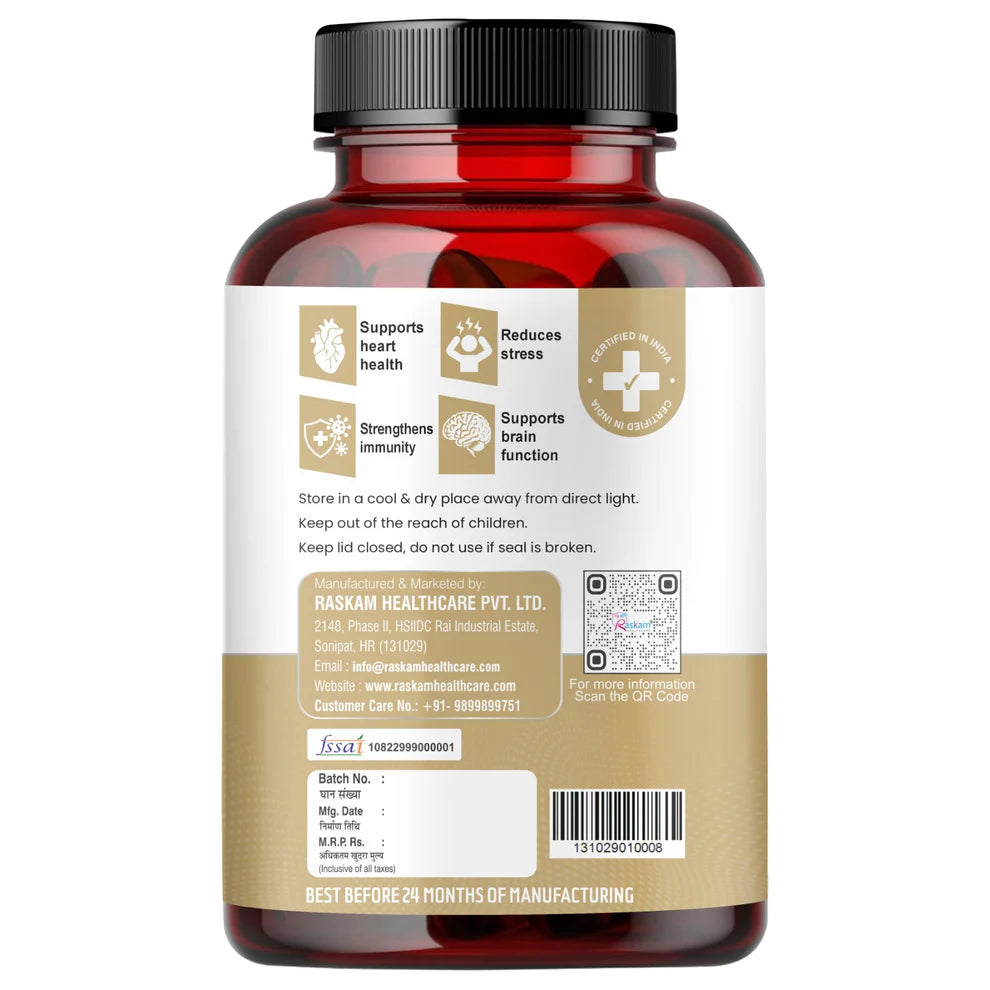 Raskam Ashwagandha Capsules - 60 Veg Capsules Boost Energy, Strength, Stamina | Helps Anxiety & Stress Relief For Men & Women