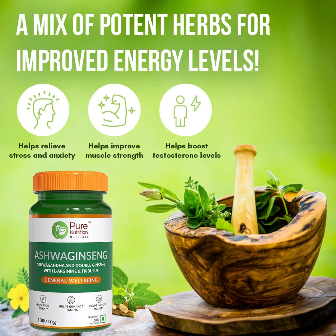 Pure Nutrition Ashwaginseng 60 Tablets | Ashwagandha & Ginseng Herbal Supplement | Stress & Energy Support