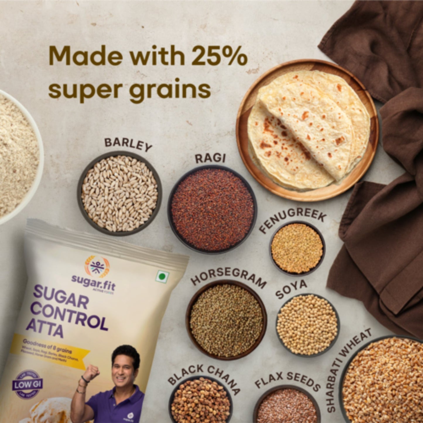 Sugar.fit Sugar Control Atta, 8-in-1 Multigrain Atta Sharbati Wheat, Soybean, Black Gram, Ragi, Barley, Fenugreek, Flax Seeds and Horse Gram
