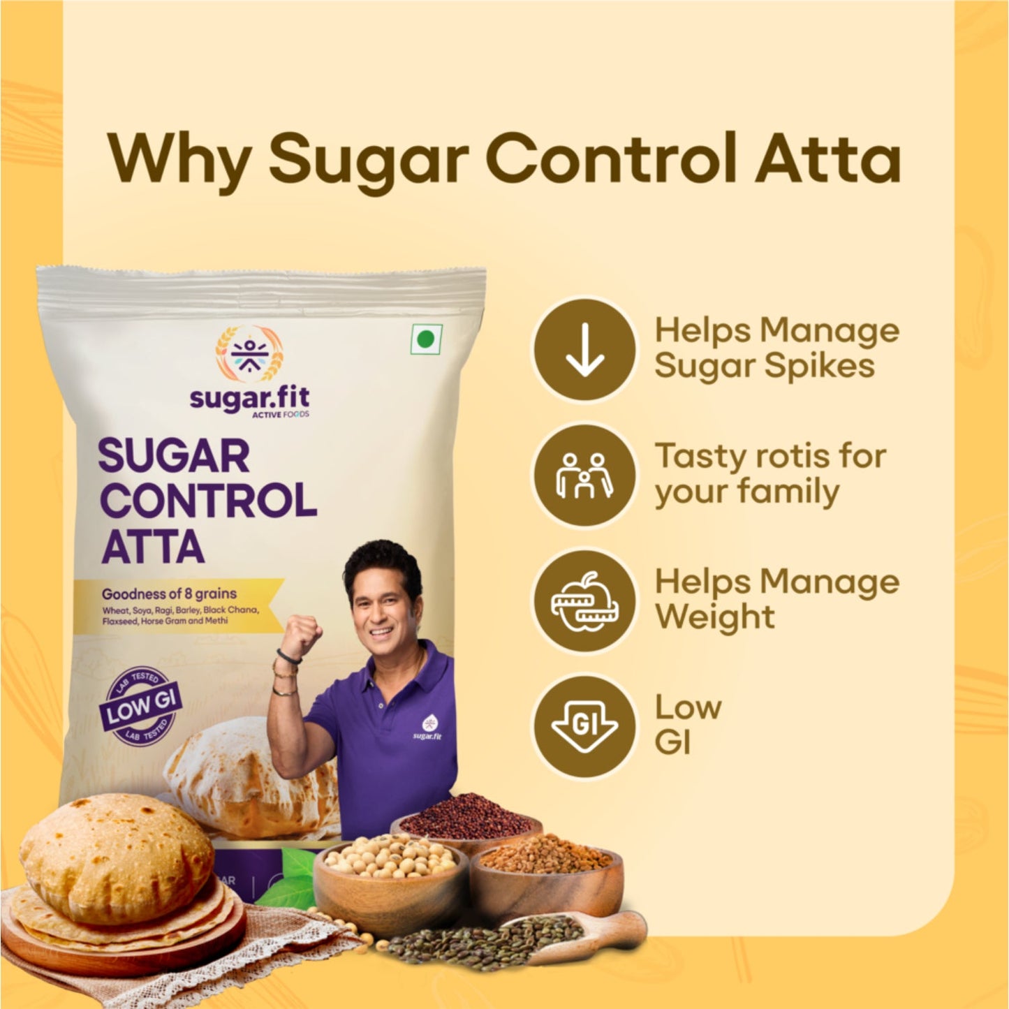 Sugar.fit Sugar Control Atta, 8-in-1 Multigrain Atta Sharbati Wheat, Soybean, Black Gram, Ragi, Barley, Fenugreek, Flax Seeds and Horse Gram