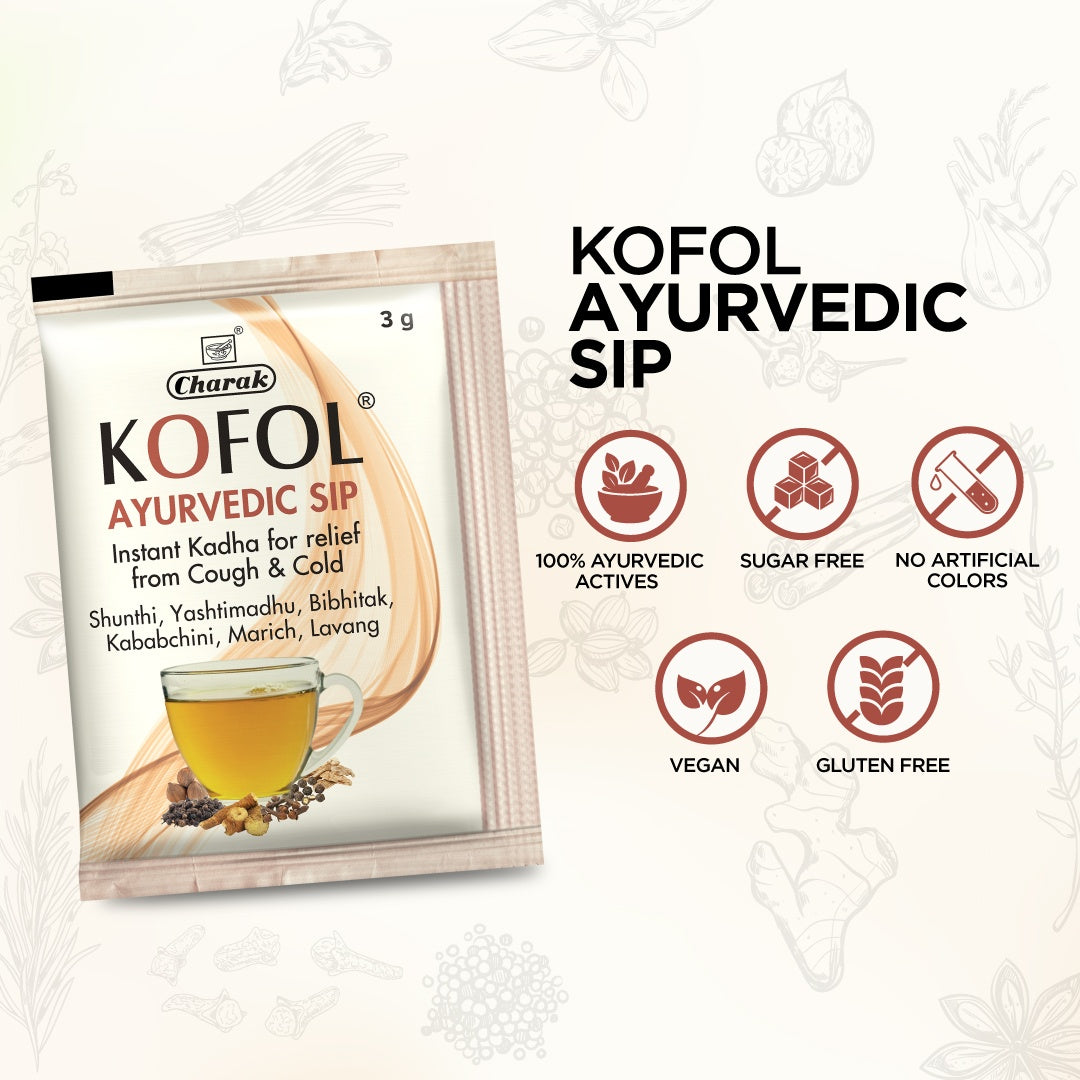 Charak Kofol Ayurvedic Sip Instant Kadha Sachet For Cold,Cough & Sore Throat (3gm Each) Sugar Free - 10 sachets (Pack of 3)