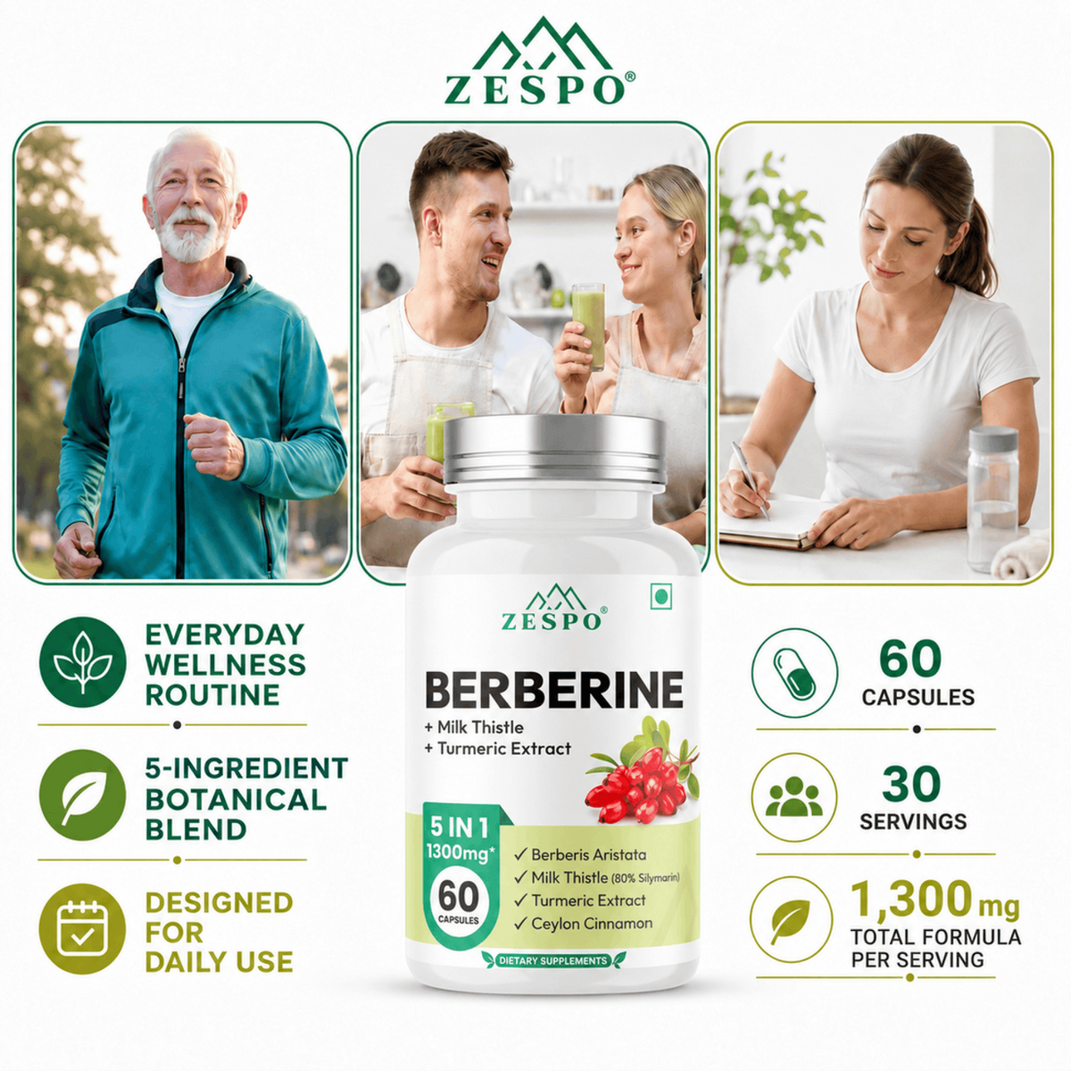 Zespo Berberine 5-in-1 Complex 1,300 mg – 60 Vegan Capsules