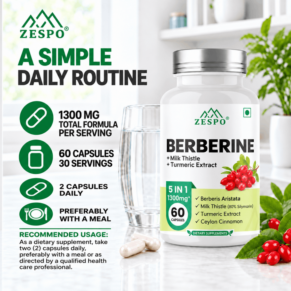 Zespo Berberine 5-in-1 Complex 1,300 mg – 60 Vegan Capsules