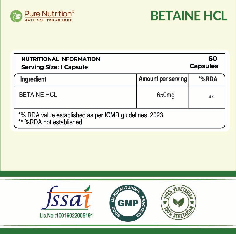 Pure Nutrition Betaine HCL – 60 Capsules | Digestive Support Formula