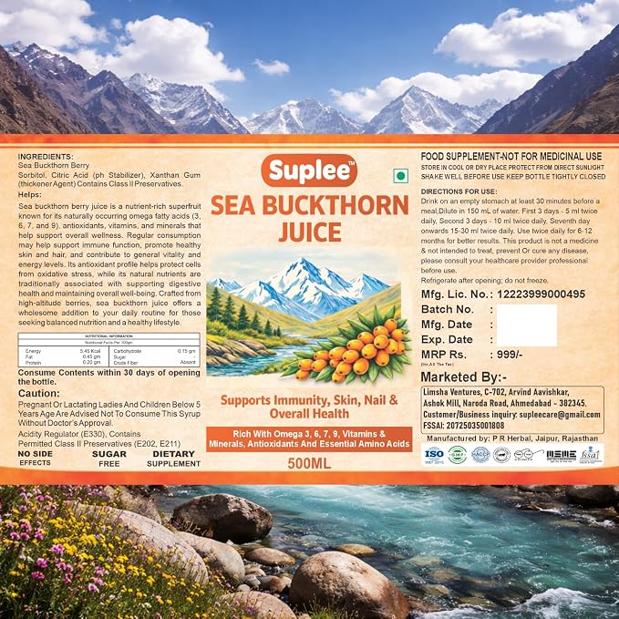 Suplee Sea Buckthorn Juice 500ml | Original & Authentic from Himalayan Valleys