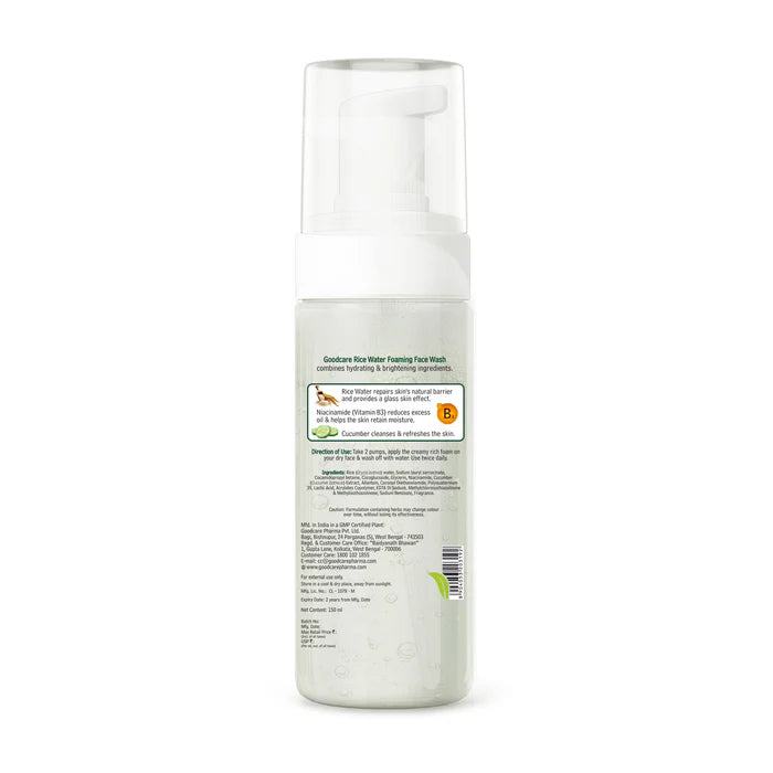 Goodcare Rice Water Foaming Face Wash 150 ml | With Niacinamide 2% & Cucumber | Gentle Barrier Repair Cleanser | SLS & Paraben Free