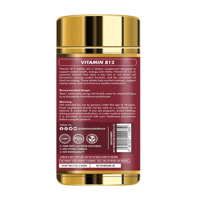 Vitaminnica Vitamin B12 Tablets - High Strength Energy Production & Nervous System Support, 180 Count