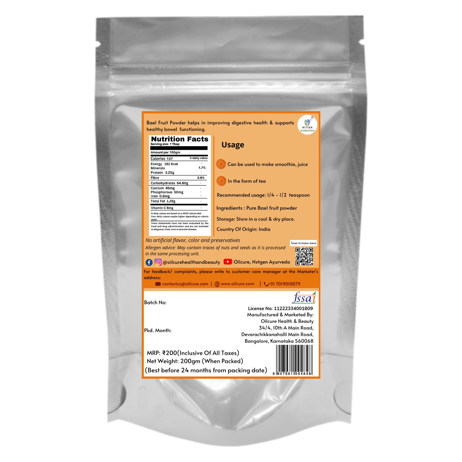 Nxtgen Ayurveda Bael Fruit Powder (Aegle Marmelos) -200 gms (Pack of 2)