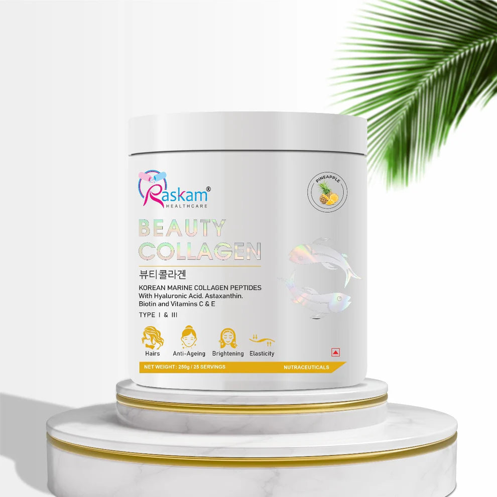 Raskam Beauty Collagen Peptides Powder for Men & Women | Collagen Powder with Biotin, Vitamins C & E for Hair, Nails, Skin Radiance & Anti-Aging Flav- Pineapple (250gm)