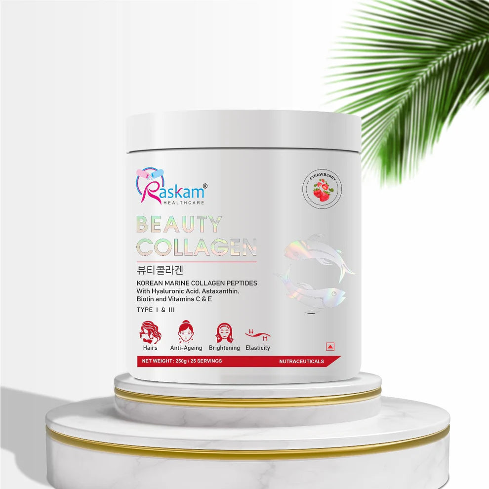 Raskam Beauty Collagen Peptides Powder for Men & Women | Collagen Powder with Biotin, Vitamins C & E for Hair, Nails, Skin Radiance & Anti-Aging Flav- Strawberry (250gm)