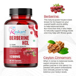 Raskam Berberine HCL 1200mg Capsules with Ceylon Cinnamon | Blood Sugar Support | Metabolism Booster | Supports Digestive Wellness | Heart Health Support | Rich in Antioxidants | 60 Vegetarian Capsules