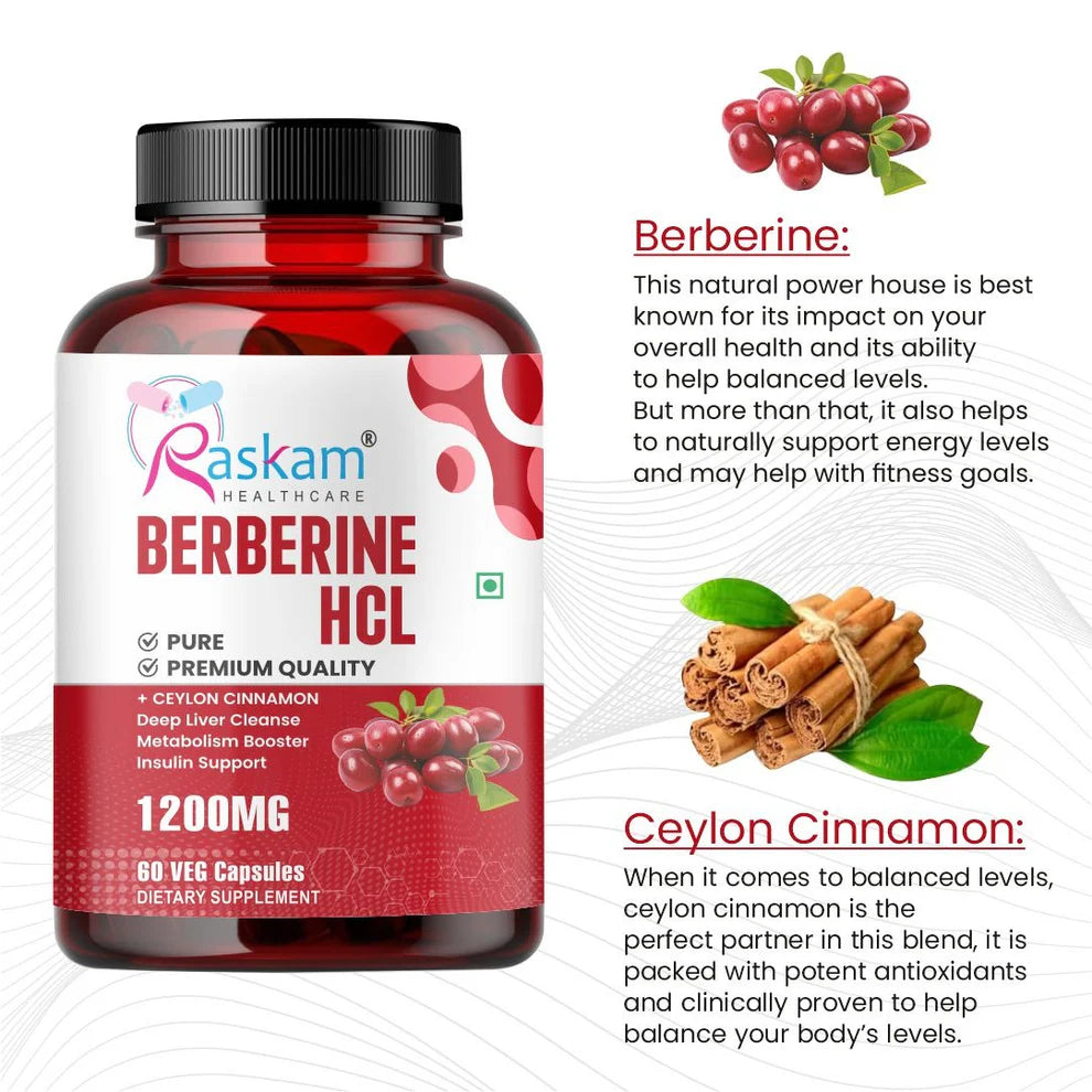 Raskam Berberine HCL 1200mg Capsules with Ceylon Cinnamon | Blood Sugar Support | Metabolism Booster | Supports Digestive Wellness | Heart Health Support | Rich in Antioxidants | 60 Vegetarian Capsules