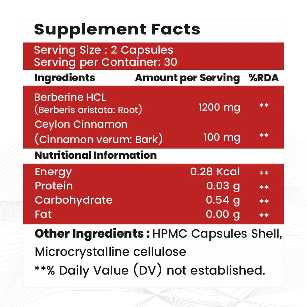 Raskam Berberine HCL 1200mg Capsules with Ceylon Cinnamon | Blood Sugar Support | Metabolism Booster | Supports Digestive Wellness | Heart Health Support | Rich in Antioxidants | 60 Vegetarian Capsules