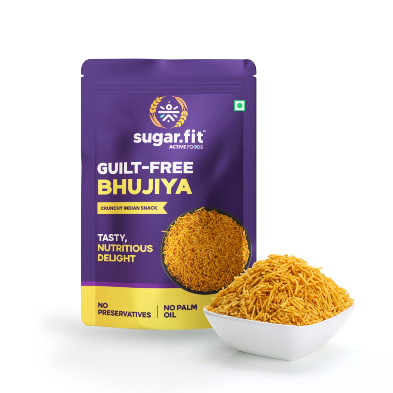 Sugar.Fit Active Guilt-Free Bhujiya,100% Roasted, No Palm Oil, Sugar-Free, High Protein, Low GI Indian Snack for diabetes, Crunchy Indian Flavour, High Protein, Low GI Bhujia - 100gm