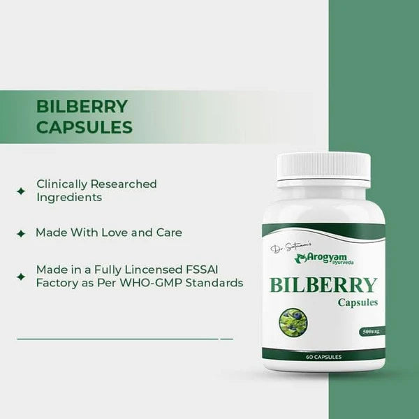 Dr. Satnam’s Arogyam Ayurveda Bilberry Capsules (500mg, 60 Capsules) | Anthocyanin-Rich Bilberry Extract for Vision Support, Eye Strain Relief & Vascular Health